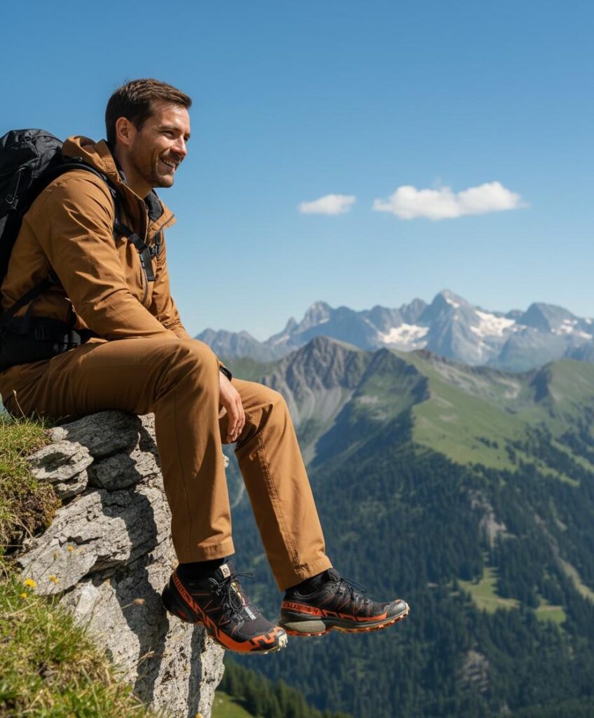 Hiker sitting on a mount ledge.