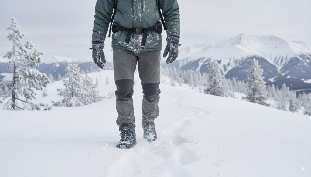 Hiker wearing Salomon X Ultra 4 Mid GTX and walking on snow. 