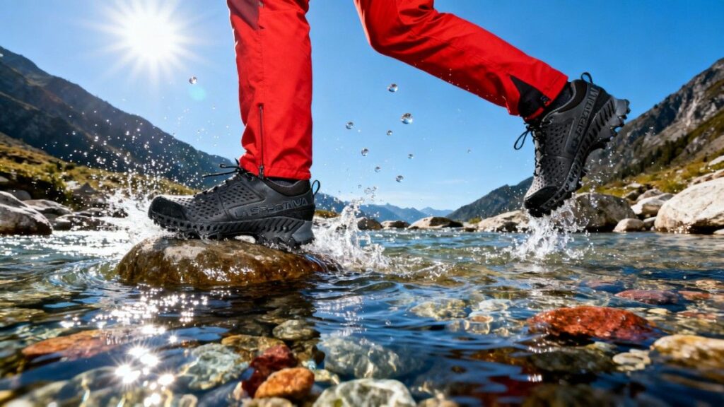 Hiker's legs shot wearing La Sportiva Spire GTX while crossing water stream.
