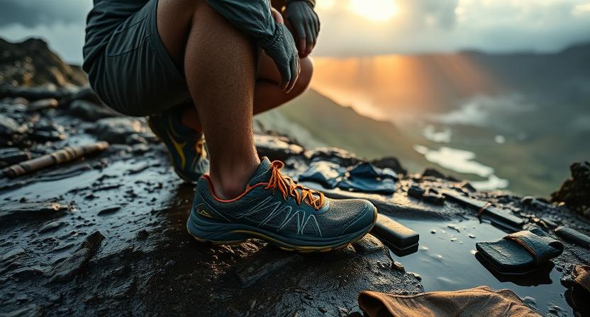 Trail runner examining waterproof trail running shoes on a misty alpine ridge with wet rocks and puddles.
