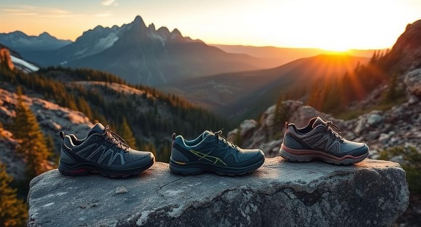 3 of the best hiking shoes for narrow feet are displyaed on rocky sufrace with beautful outdoor scenery in background.