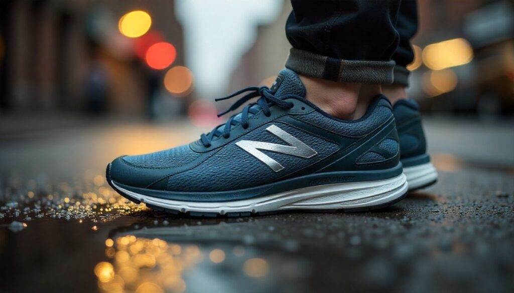 Close of Hiker's legs wearing New Balance running shoes.