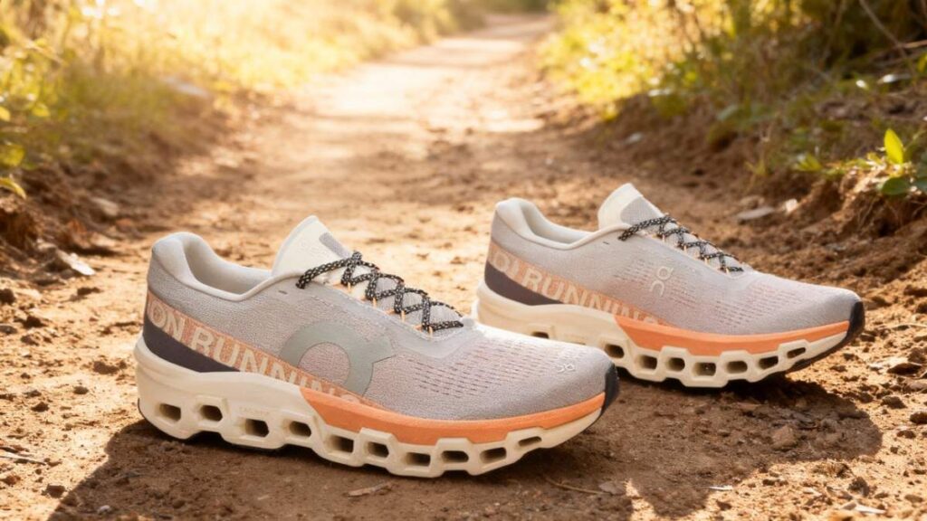 Pair of On Cloudmonster 2 placed on a hiking trail. 