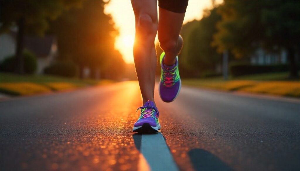 Legs shot of hiker wearing running shoes and running on a road track.