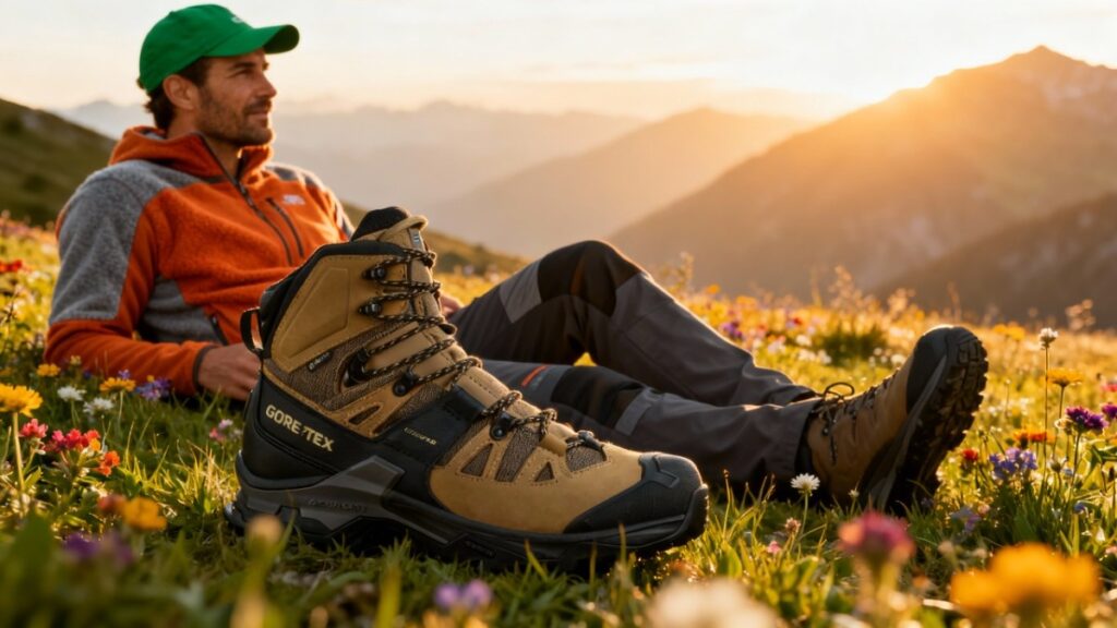Hiker laying on mountain surface wearing Salomon Quest 4 GTX.