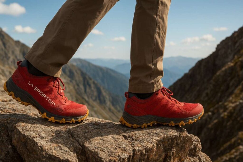 Female hiker standing on ledge rock while earing women's trail running shoes.