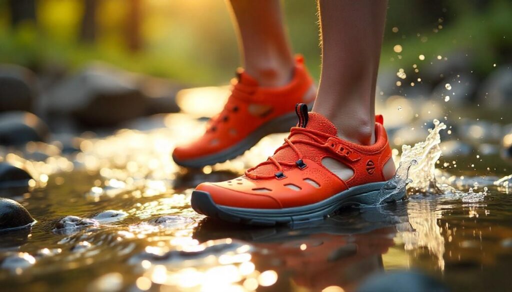 Hiker wearing water shoes and crossing the river stream.