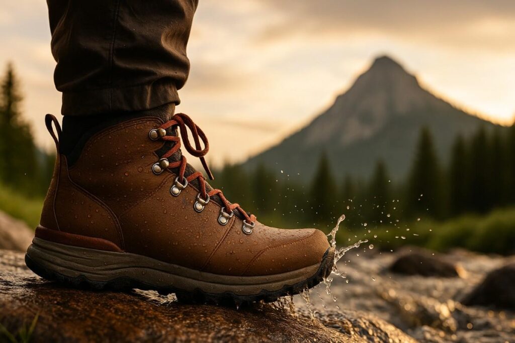 Hiking boots with trees and mountain in background being displayed in outdoor environment.