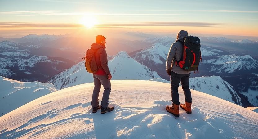 Two hikers standing on top of snow covered mountain wearing best winter hiking boots.