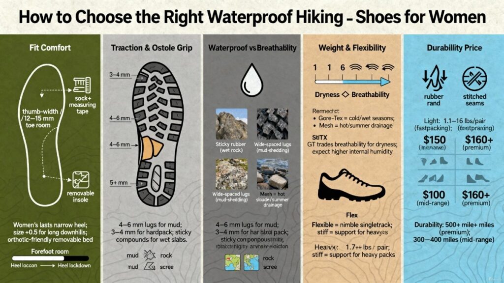 Infographic showing five key factors for choosing the best waterproof hiking shoes for women: fit, traction, waterproofing vs breathability, weight, and durability.