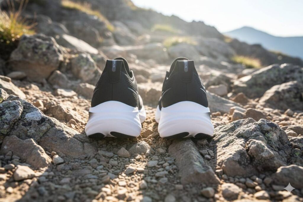 Back-view of ASICS GEL-Nimbus 26 placed on rocks.