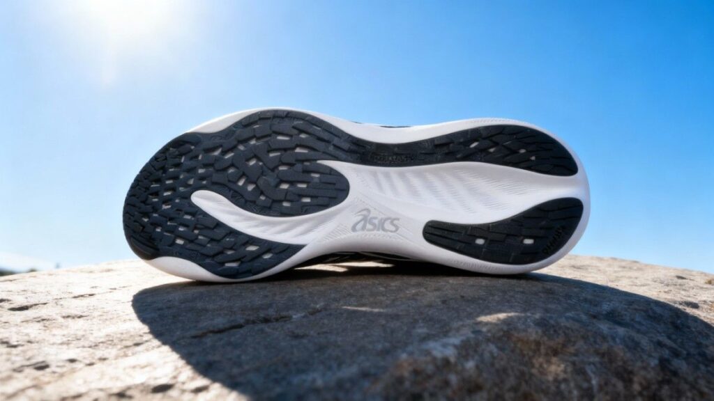 Outsole of ASICS GEL-Nimbus 26 displayed on a rock.