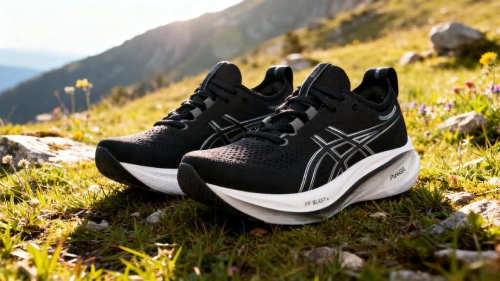 Pair of ASICS GEL-Nimbus 26 displayed on a green mount surface.