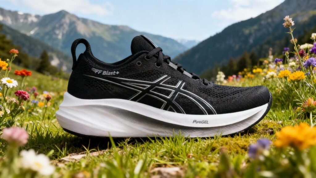 ASICS GEL-Nimbus 26 on a green mount surface.