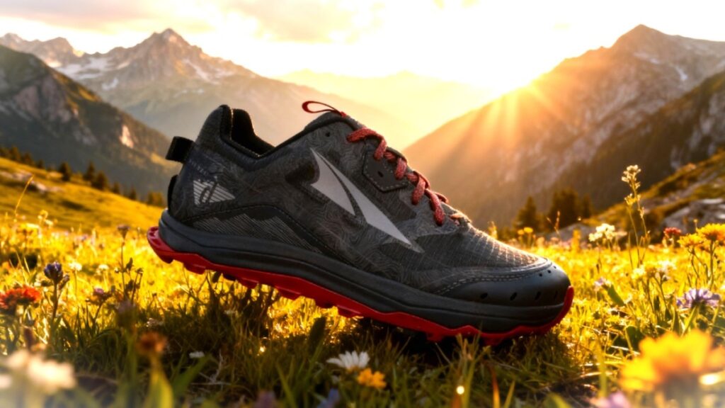 Altra Lone Peak 6 placed on a green mount surface.