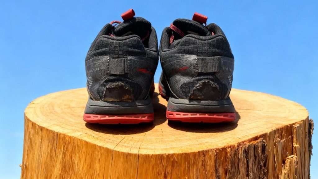 Heel view shot of Altra Lone Peak 6 placed on a wooden stem.