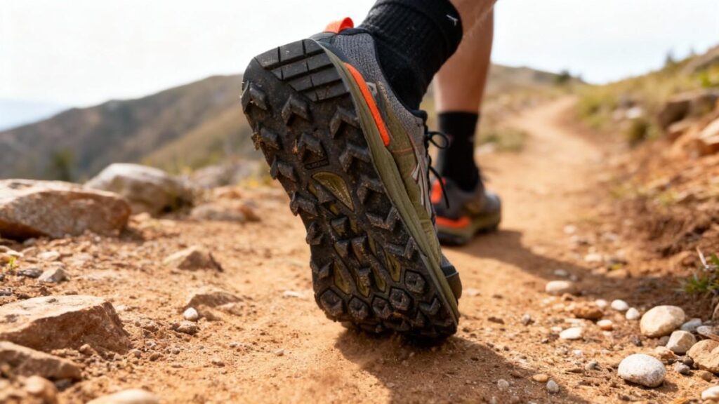 Hiker walking with displayed outsole of Altra Lone Peak 7.