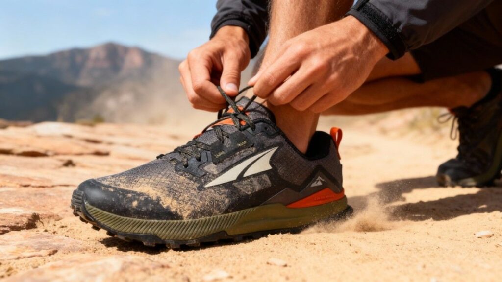 Close-up of hiker lacing up his Altra Lone Peak 7.