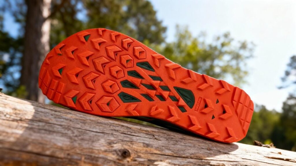 Outsole of Altra Lone Peak 8 diplaed on a log.