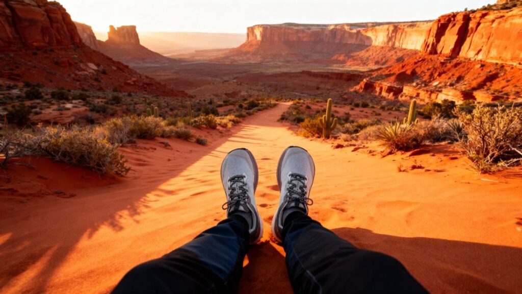 Rare shot of Altra Lone Peak 9 shotes in the feet of the hiker.