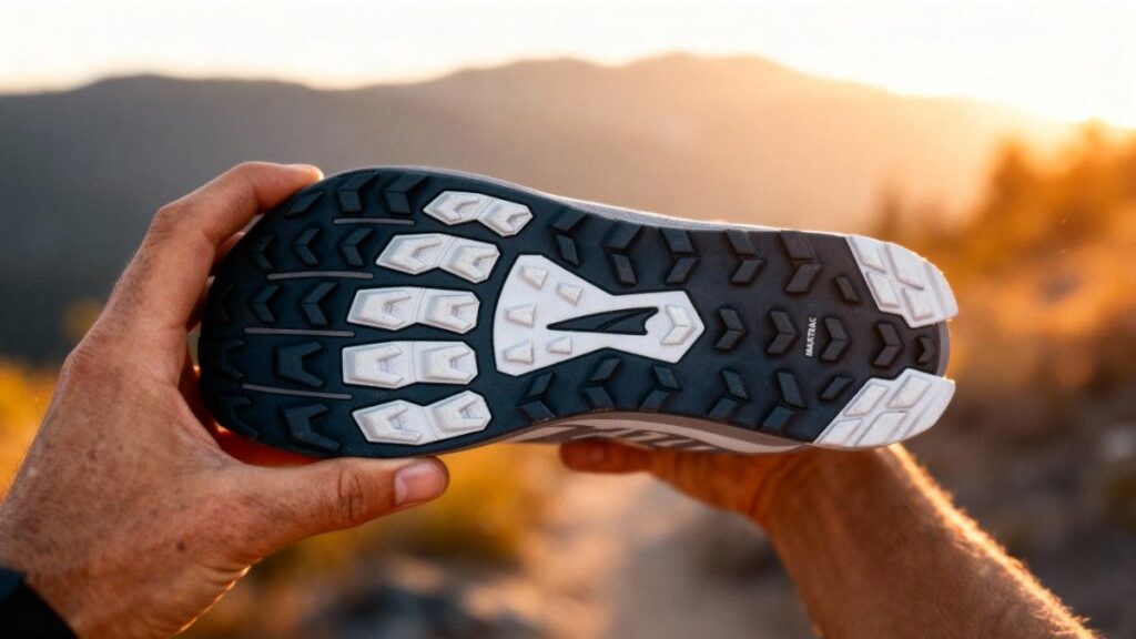 Selfie shot of hiker's hand holding the outsole of Altra Lone Peak 9.