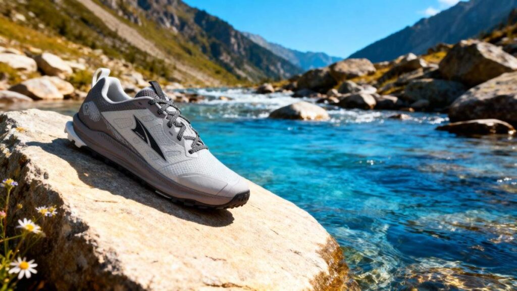 Altra Lone Peak 9 displayed on a rock with blue color water stream in the background.