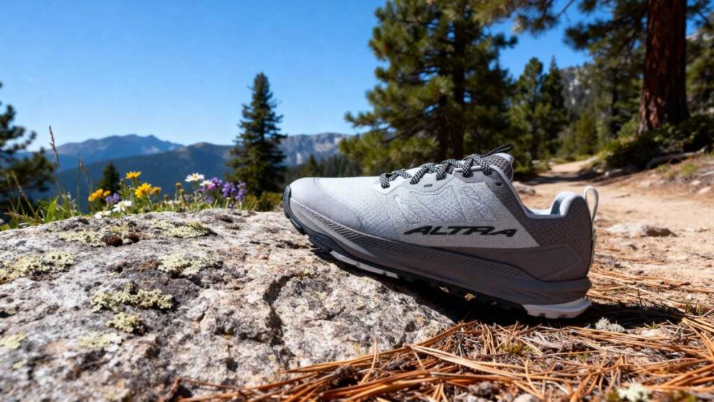 Altra Lone Peak 9 displayed on a rocky outdoor surface.