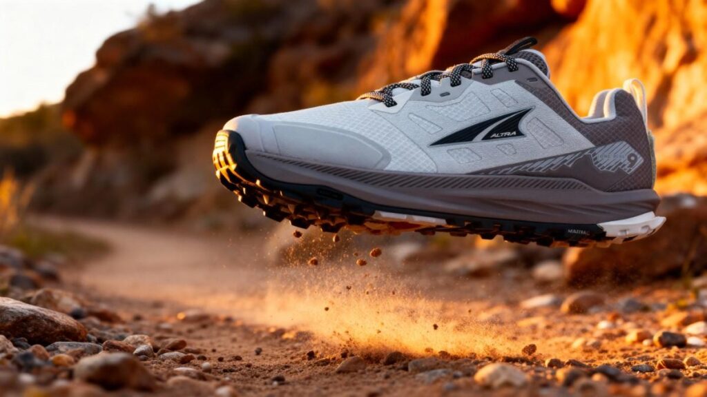 Close up of Altra Lone Peak 9 on a desert little rocky surface.