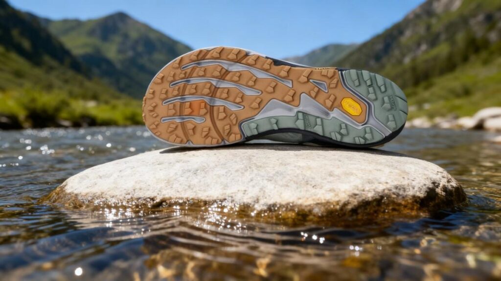 Outsole of Altra Timp 5 displayed on a rock in water stream.