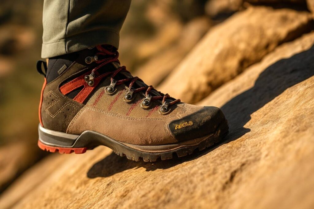 Close-up of Asolo Fugitive GTX hitting against rocky surface.