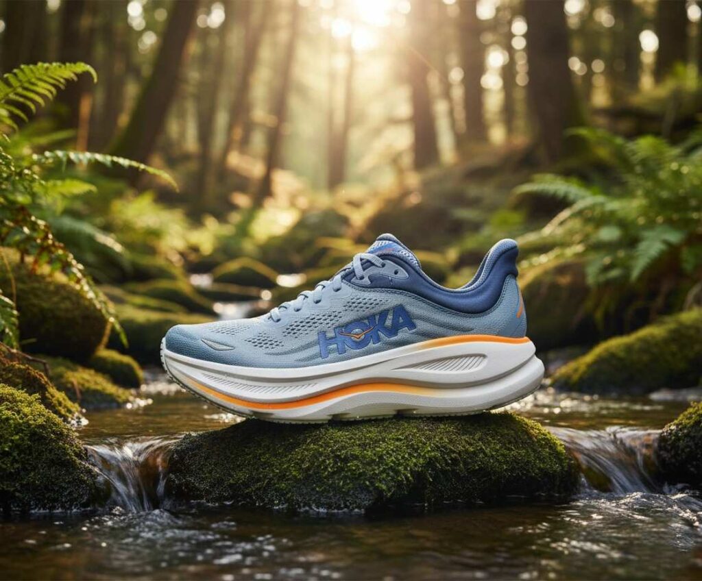 HOKA Bondi 9 placed on a rock in water stream.
