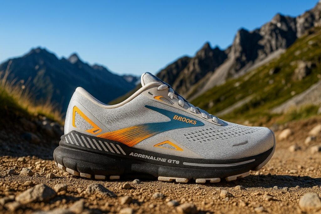 Brooks Adrenaline GTS 23 close-up on mountain trail.

