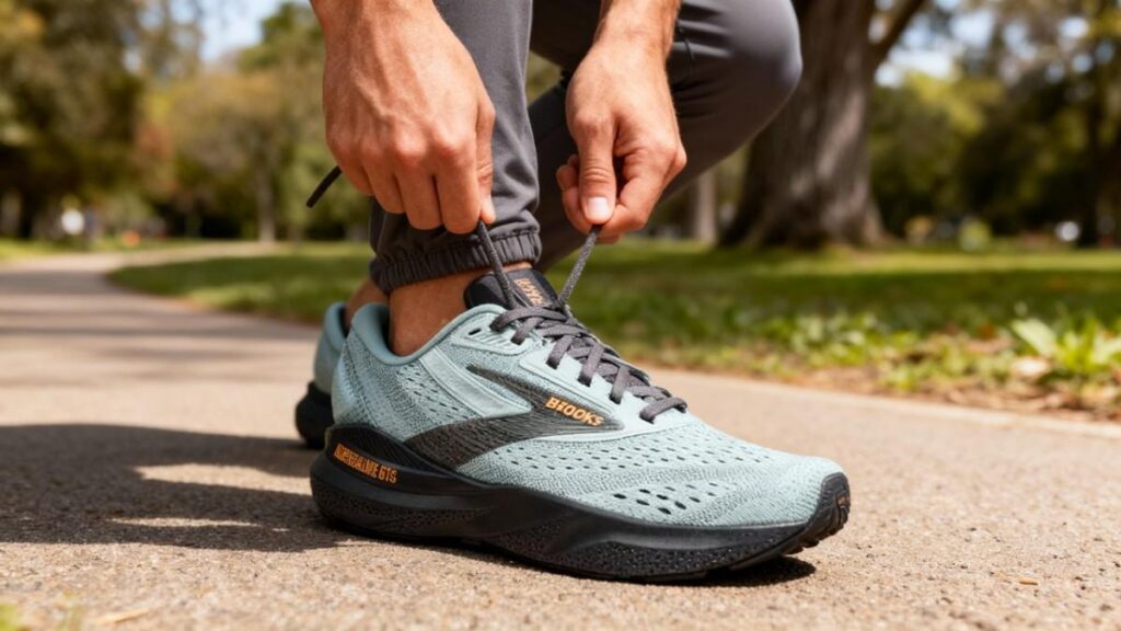 Hiker lacing up his Brooks Adrenaline GTS 24.