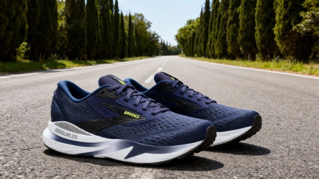 Brooks Adrenaline GTS 24 placed on a road trai.