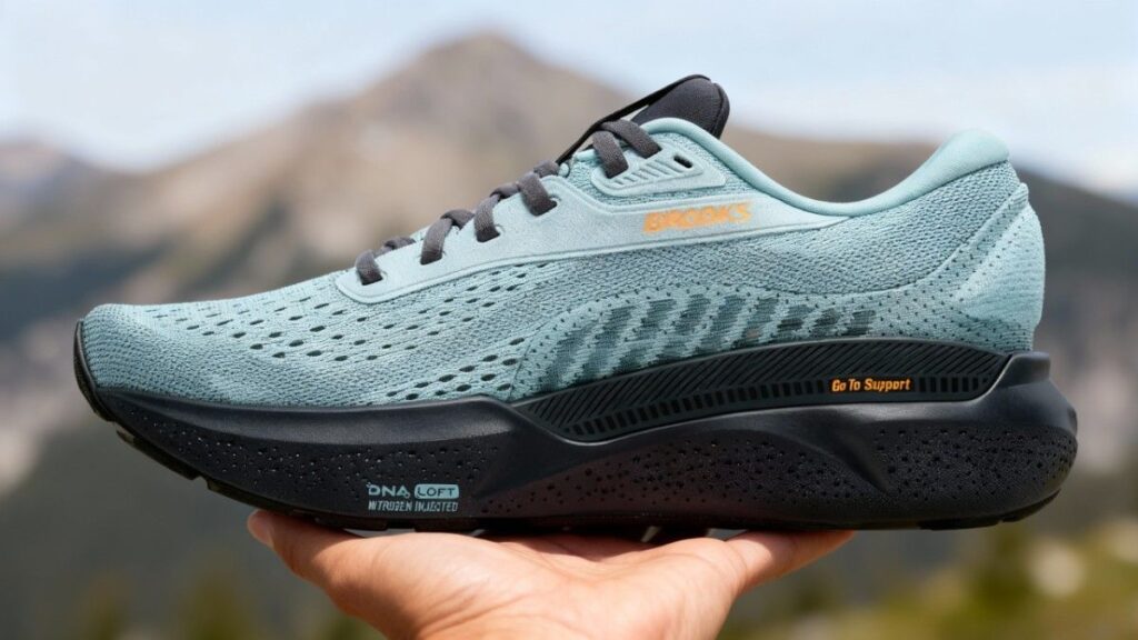 Close-up of Brooks Adrenaline GTS 24 placed on hiker's palm.