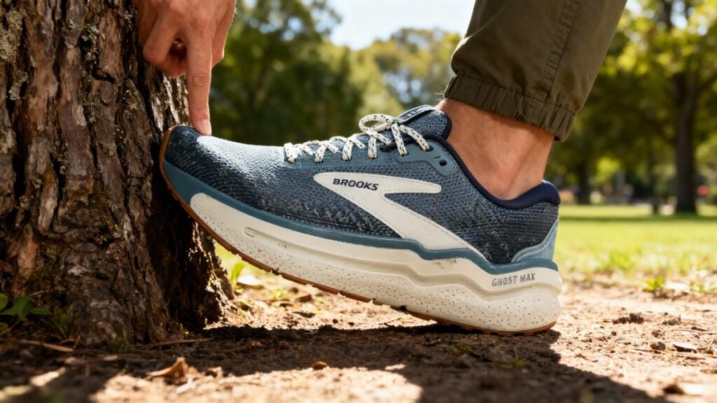 Brooks Ghost Max 2 hitting against a tree trunk.