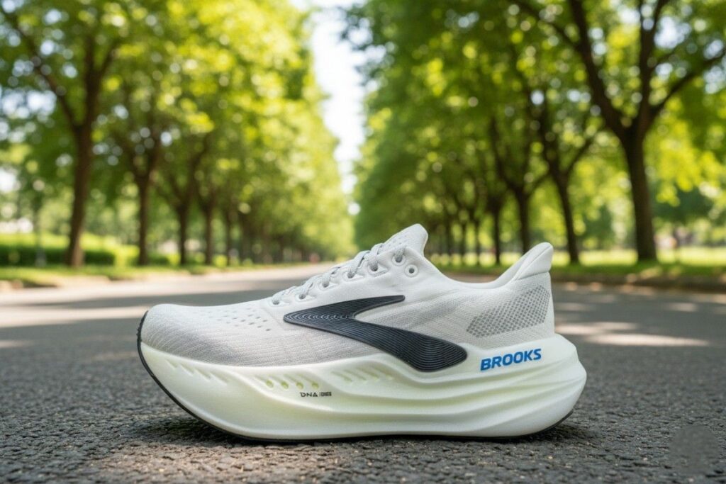 Close-up of Brooks Glycerin Max displayed on a road trail.