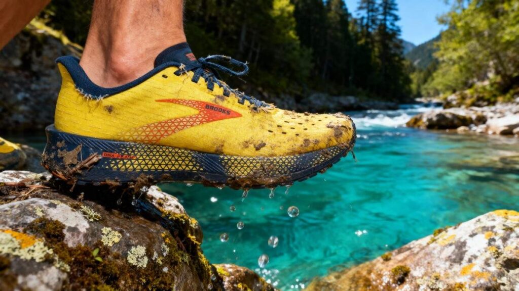 Hiker's legs close-up crossing water stream with Brooks Hyperion Tempo.