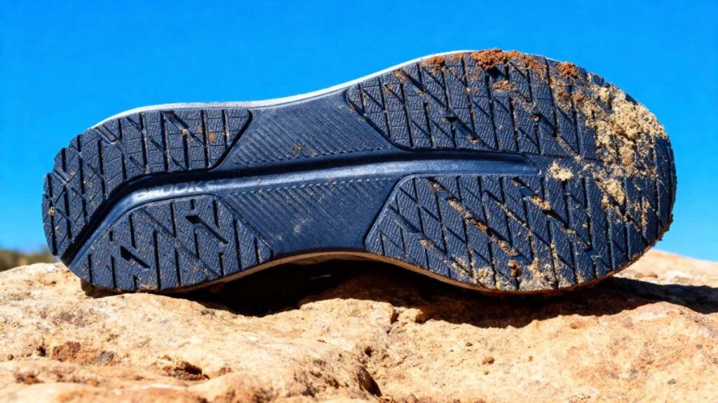 Outsole of Brooks Hyperion Tempo placed on a rock.