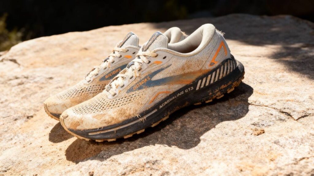 Brooks Adrenaline GTS 23 in dusty condition due to trail running.