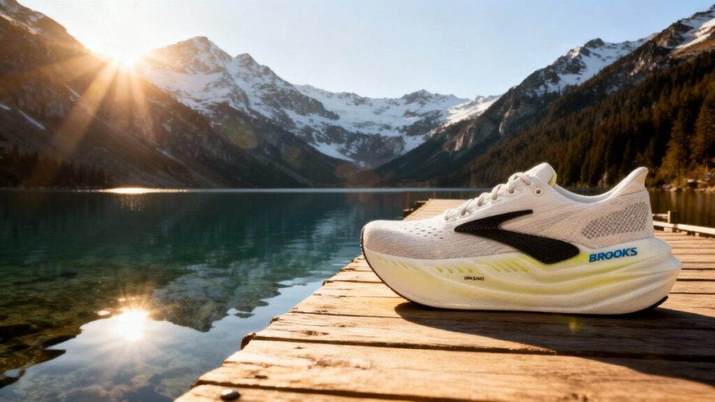 Brooks Glycerin Max displayed on a wooden lake side bank.