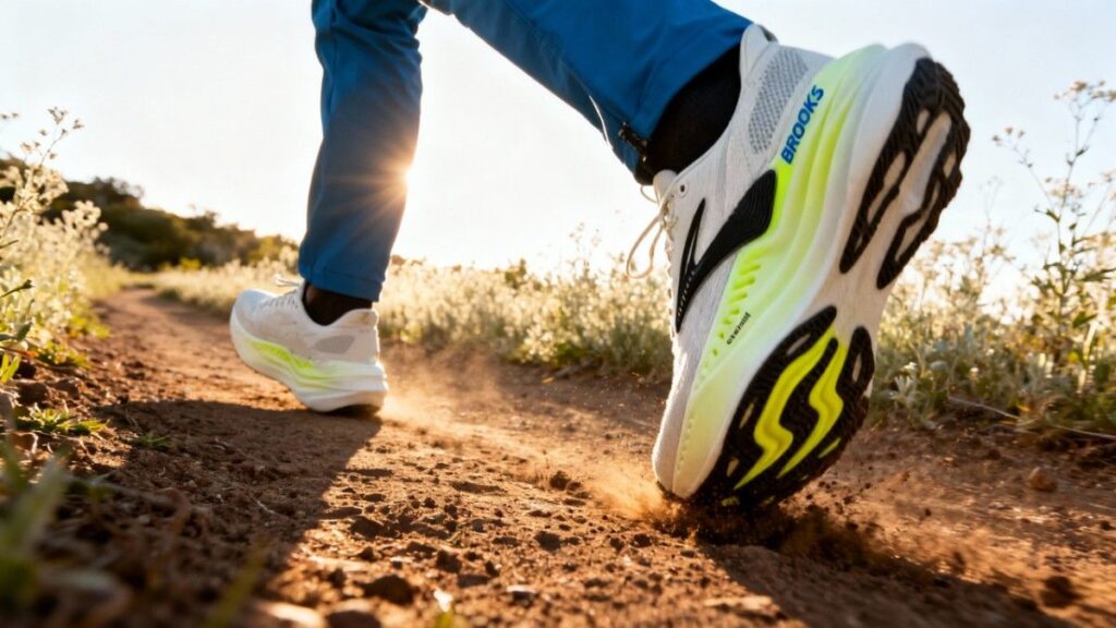 Action shot of hiker wearing Brooks Glycerin Max.