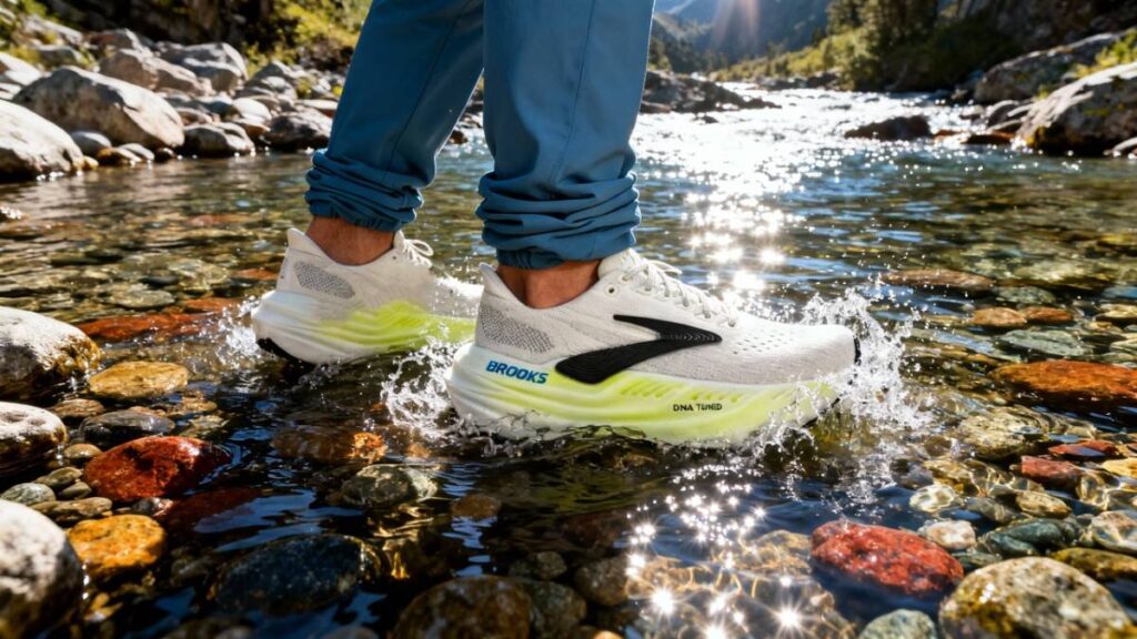 Close-up of hiker crossing water stream with Brooks Glycerin Max.