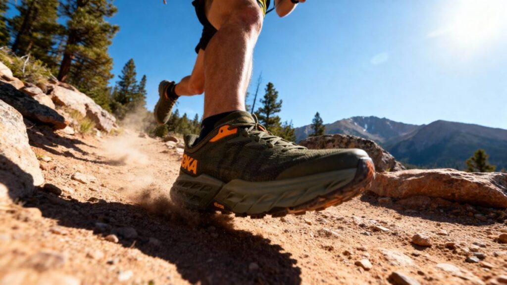 Low Angle close-up of hiker running while wearing HOka Speedgoat 5.