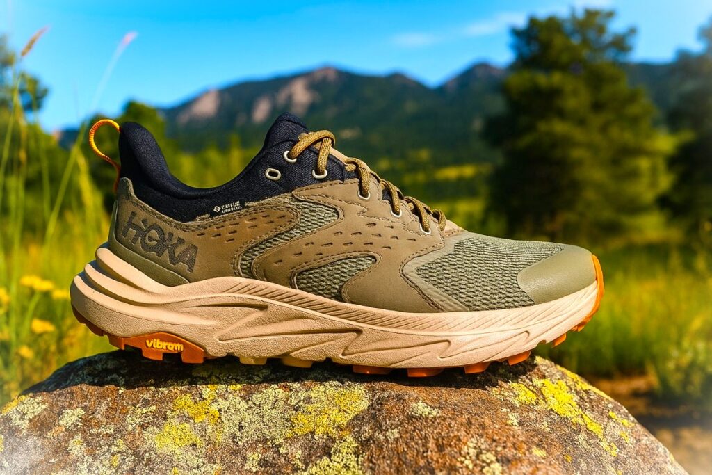 HOKA Anacapa 2 Low GTX displayed on a rock.