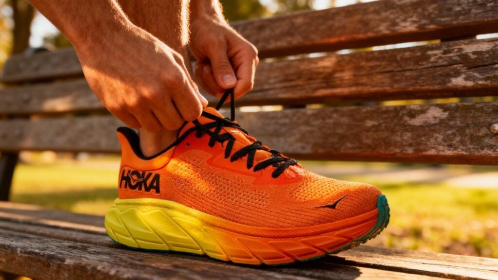 Hiker lacing his HOKA Arahi 7 on a wooden bench.