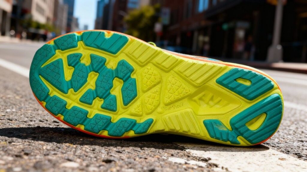 Outsole of Hoka Arahi 7 placed on a road.