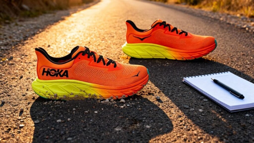 side-by-side view of Hoka Arahi 7 with notepad and pen placed on road trail.