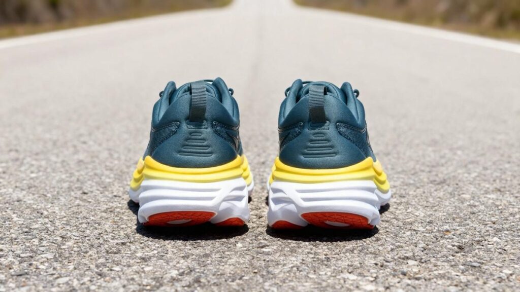 Back view of HOKA Bondi 8 displayed between the road.
