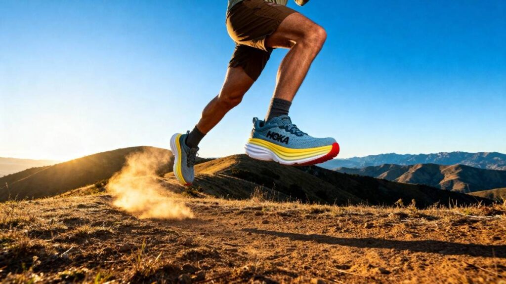 legs shot of hiker running on a dry trail while wearing HOKA Bondi 8.